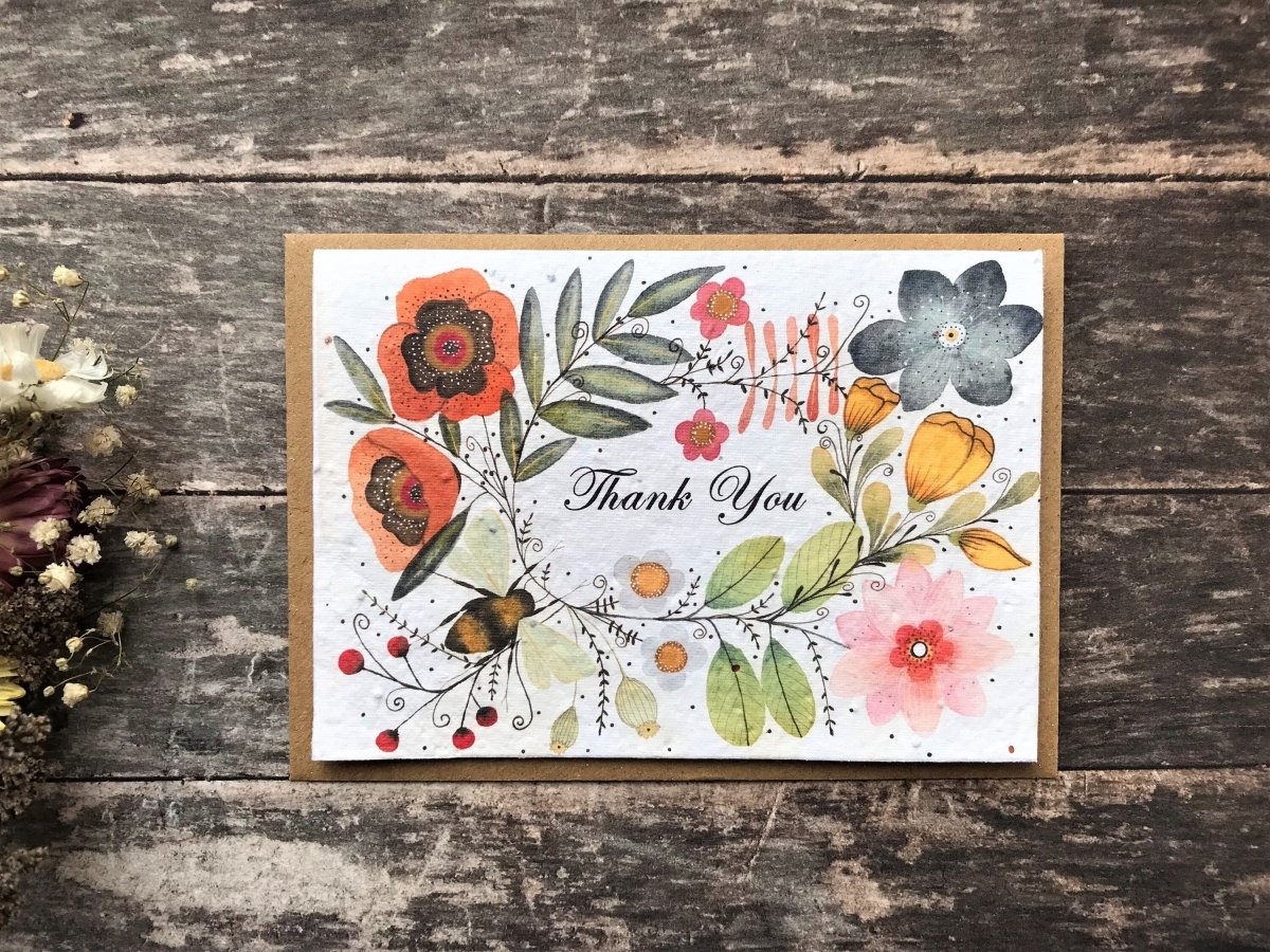 Plantable Seed Paper Thank You Card: Vintage Flower Design - Erika's Whimsical Art
