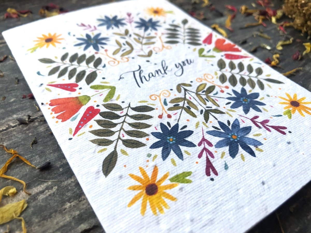 Plantable Seed Paper Card Thank You Card with Vintage Flower Design - Erika's Whimsical Art