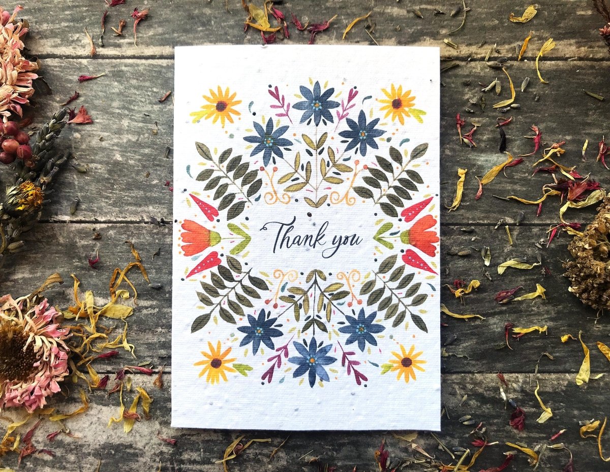 Plantable Seed Paper Card Thank You Card with Vintage Flower Design - Erika's Whimsical Art