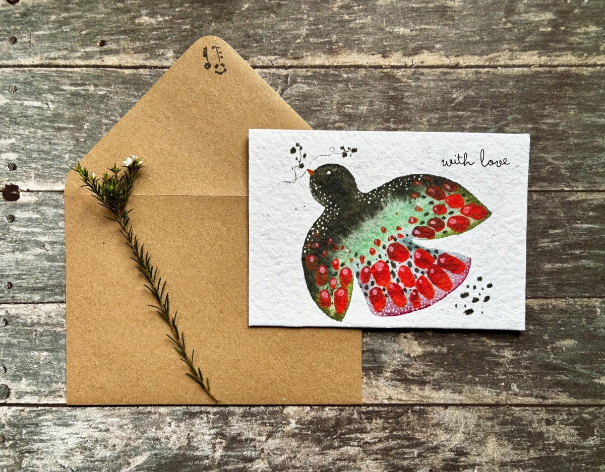 Plantable Seed Paper With Love Card – Eco Friendly Bird Greeting Card, Handmade Botanical Gift - Erika's Whimsical Art