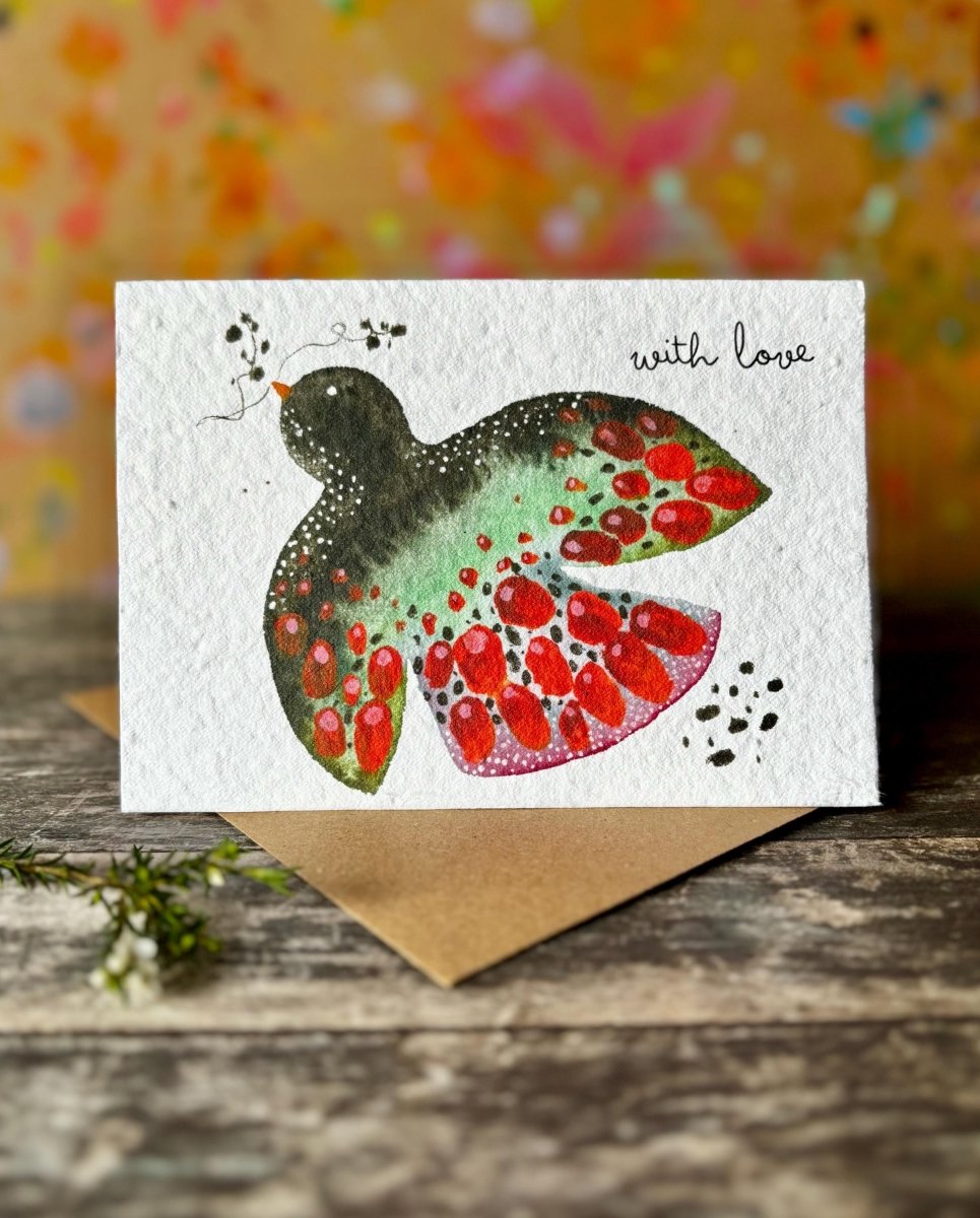 Plantable Seed Paper With Love Card – Eco Friendly Bird Greeting Card, Handmade Botanical Gift - Erika's Whimsical Art
