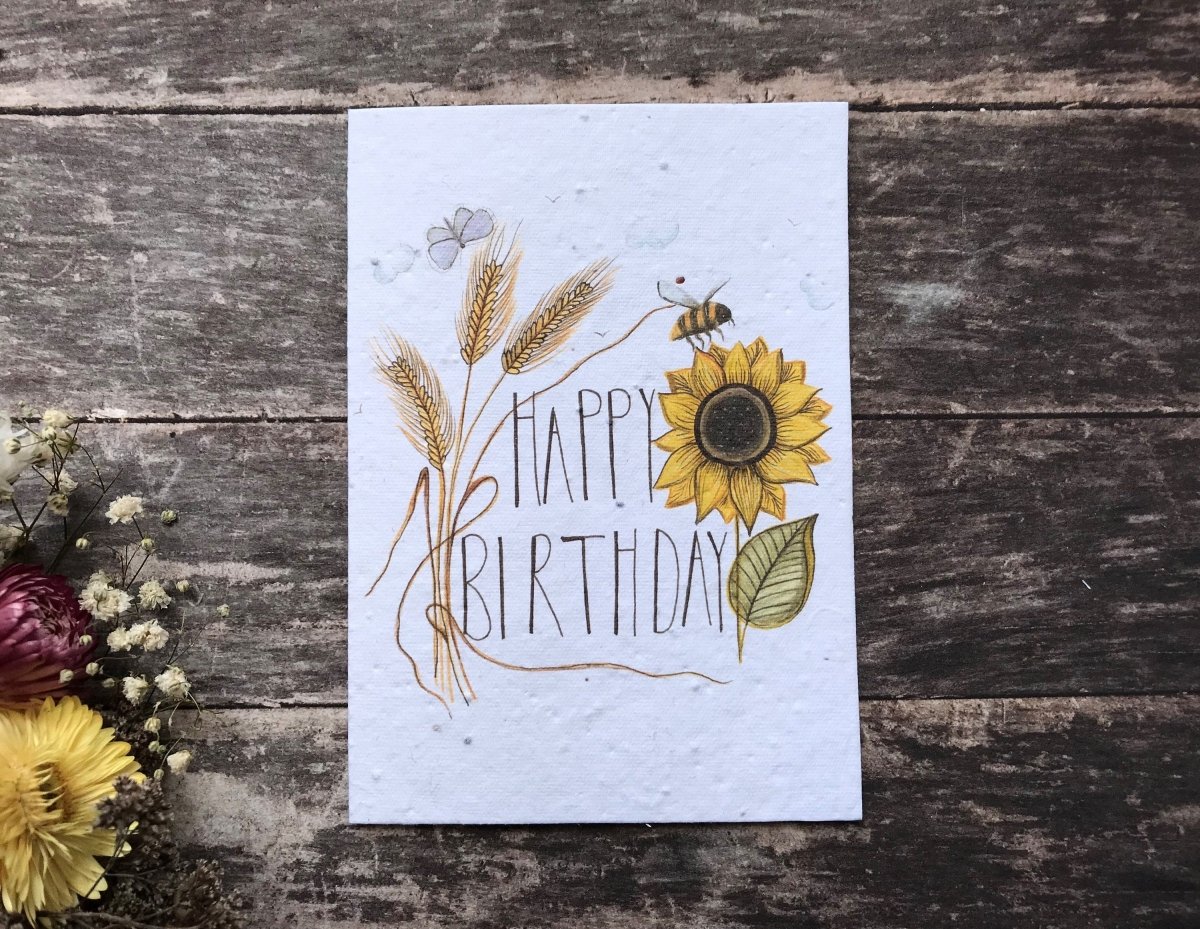 Plantable Sunflower Seed Paper Birthday Card: Eco - Friendly A6 - Erika's Whimsical Art