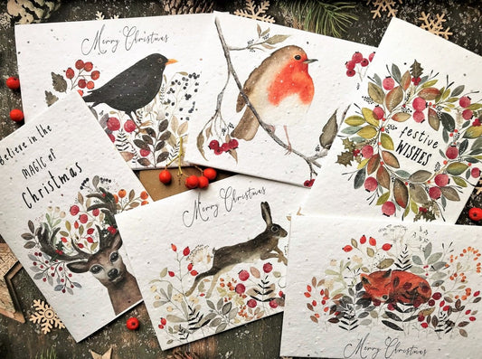Set of 6 Plantable Seed Paper Christmas cards,Illustrated Christmas card,Christmas Cards,Eco Friendly card, Christmas cards pack, Xmas Cards - Erika's Whimsical Art