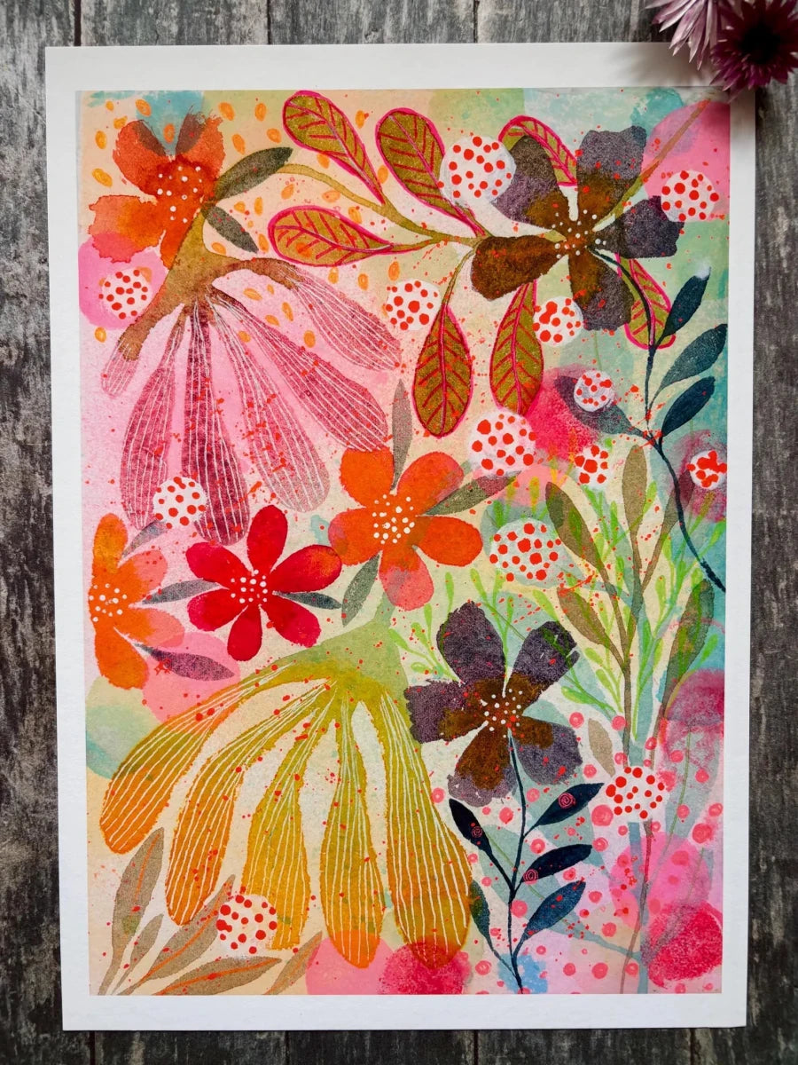 Sunlit Meadow – Colourful Floral Wall Art, Contemporary Watercolour Print, Modern Botanical Illustration, A4 Art Print, Bright Home Décor, Unframed - Erika's Whimsical Art