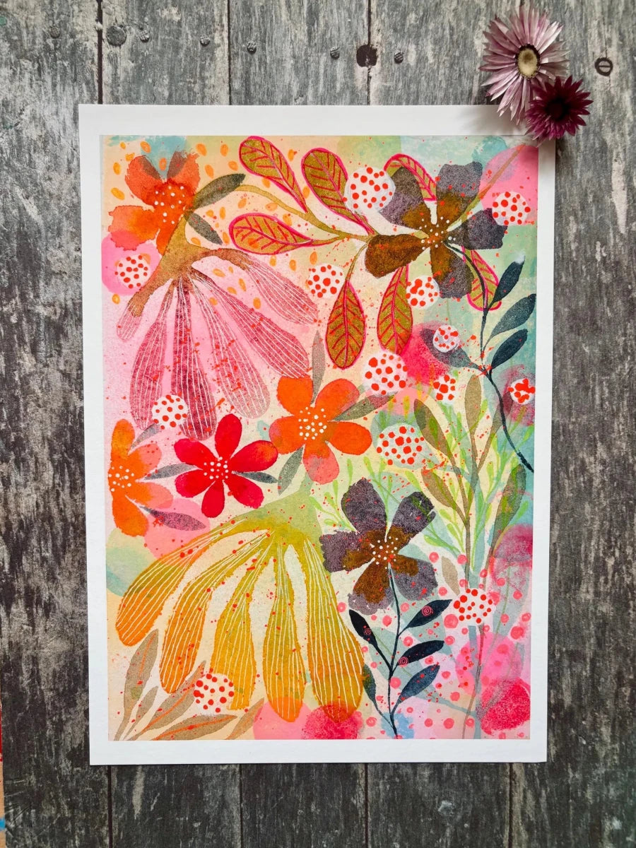 Sunlit Meadow – Colourful Floral Wall Art, Contemporary Watercolour Print, Modern Botanical Illustration, A4 Art Print, Bright Home Décor, Unframed - Erika's Whimsical Art